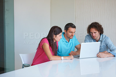 Buy stock photo Office laptop, cooperation and team reading, analysis or monitor SEO data, multimedia wireframe or website design. Information, planning or professional people teamwork, research or editing webdesign