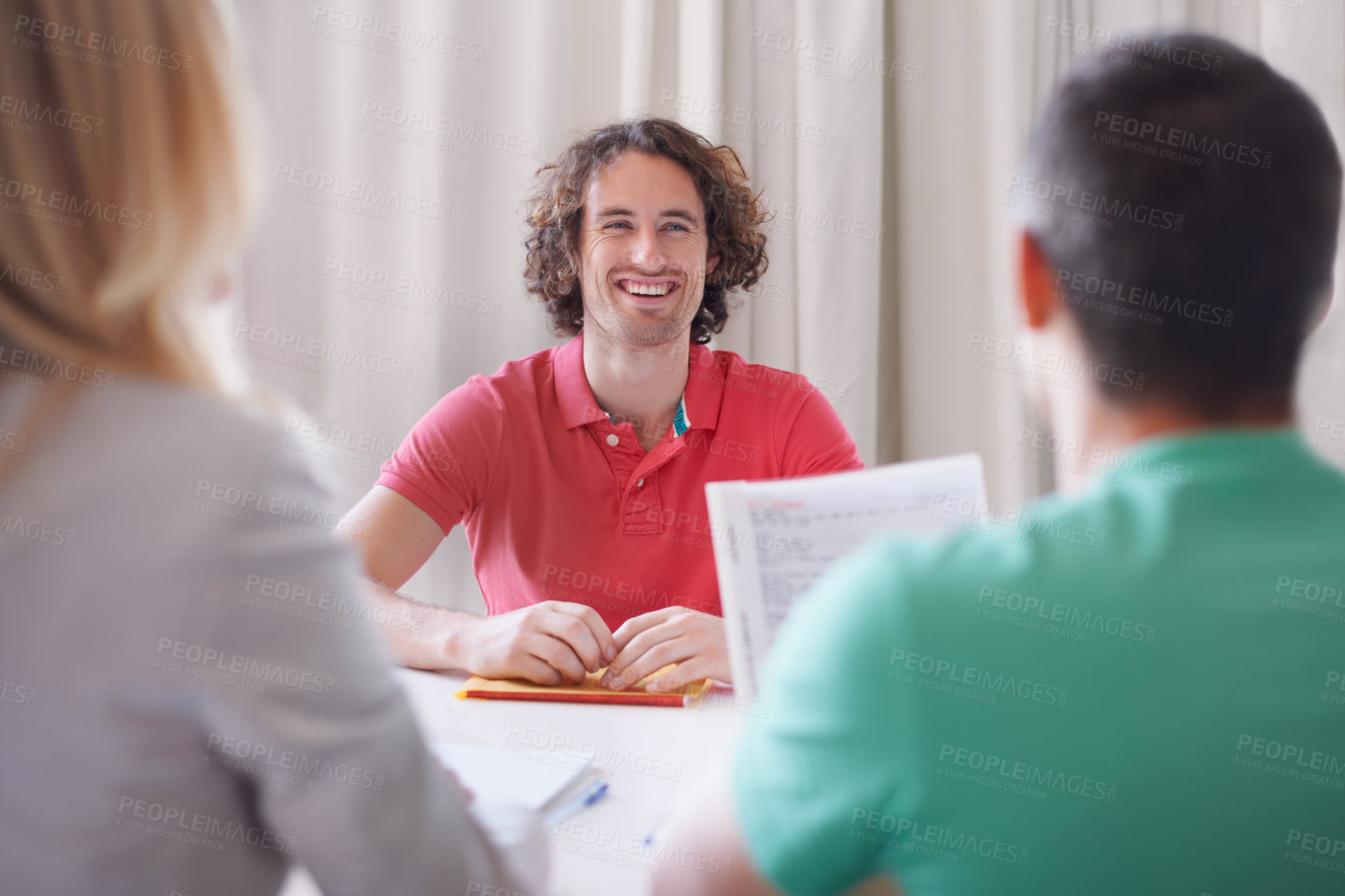Buy stock photo Happy meeting, interview and business people, clients documents and recruiting or recruitment for internship. Paperwork, resume or cv with young man talking to hiring manager for career opportunity