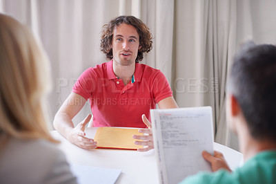 Buy stock photo Man, interview and meeting for a job, recruitment and hiring opportunity for a worker, employee and resume review. People, business and internship application, documents or conversation with hr