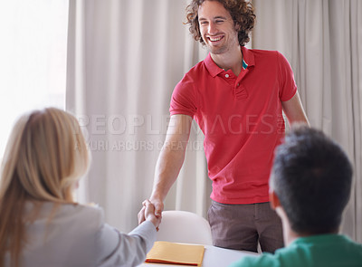 Buy stock photo Man, interview success and shaking hands in meeting for job, recruitment and hiring opportunity for a worker or employee. People, business and handshake with a candidate or successful application