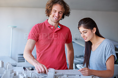 Buy stock photo Engineering, model and business people planning, teamwork and building development solution or happy ideas. Collaboration, architecture and woman with designer or partner talking of 3d infrastructure