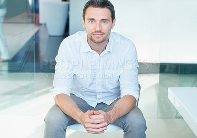 Buy stock photo Portrait, businessman and alone for sitting in modern office with hands together for idea. Entrepreneur, creative and startup for career, occupation or writer in New York with vision for inspiration