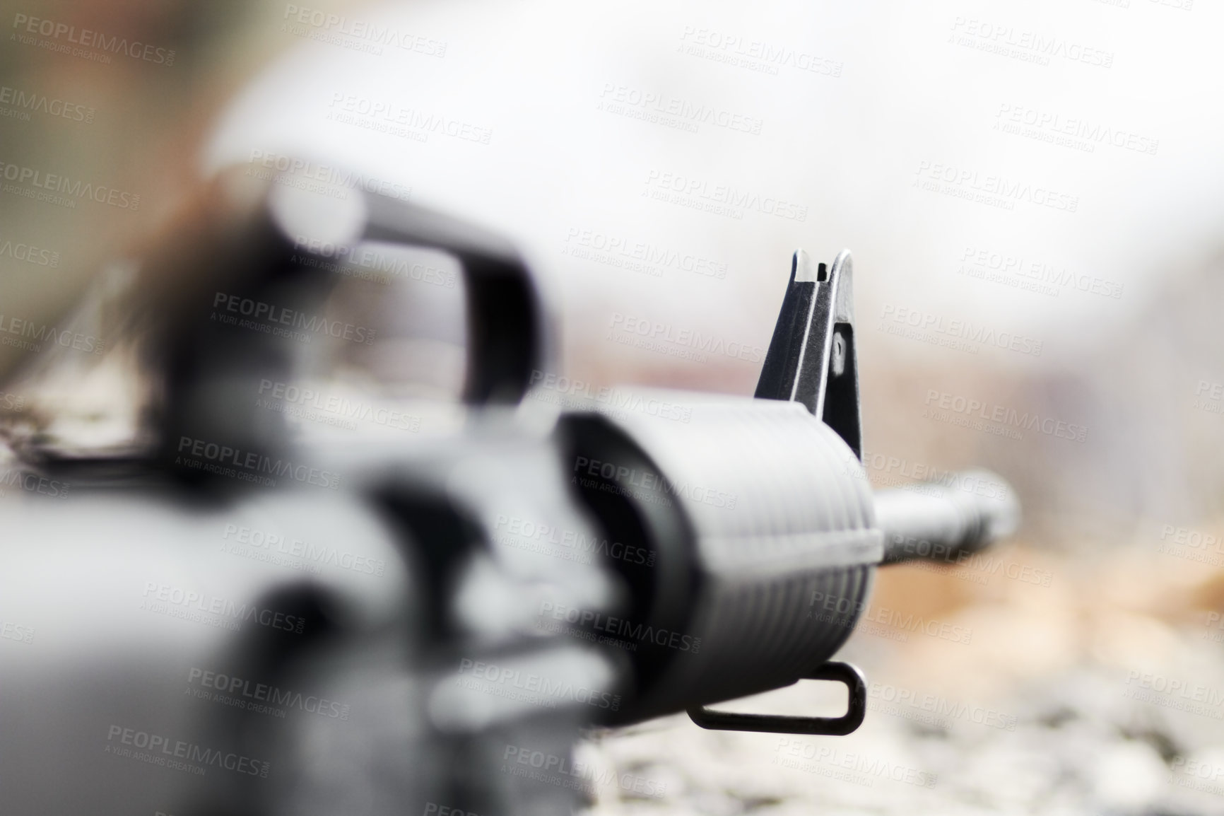 Buy stock photo Rearview closeup and selective focus of a barrel of a gun