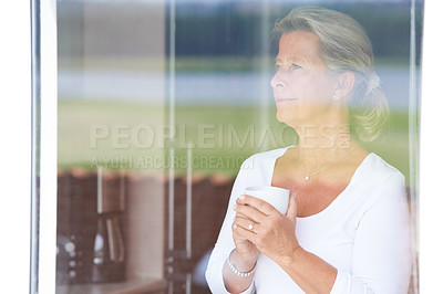 Buy stock photo Senior, woman and coffee at window thinking for morning plans in retirement, vacation or relax rest. Female person, latte drink and thoughts at view in home for holiday decision, calm peace in lounge