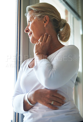 Buy stock photo Senior, woman and thinking by window with memory, remember and happy in retirement for dementia in nursing home. Elderly, person or ideas with smile, mindfulness and reflection on past life with calm