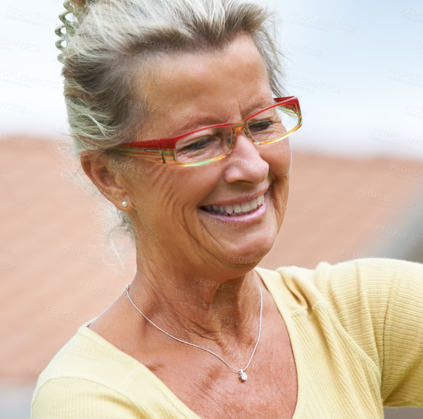 Buy stock photo Senior, happy woman and smile on face in outdoors, backyard or garden for peace, calm or relaxing in retirement. Elderly person, grandmother and glasses for vision, health or wellness by care at home