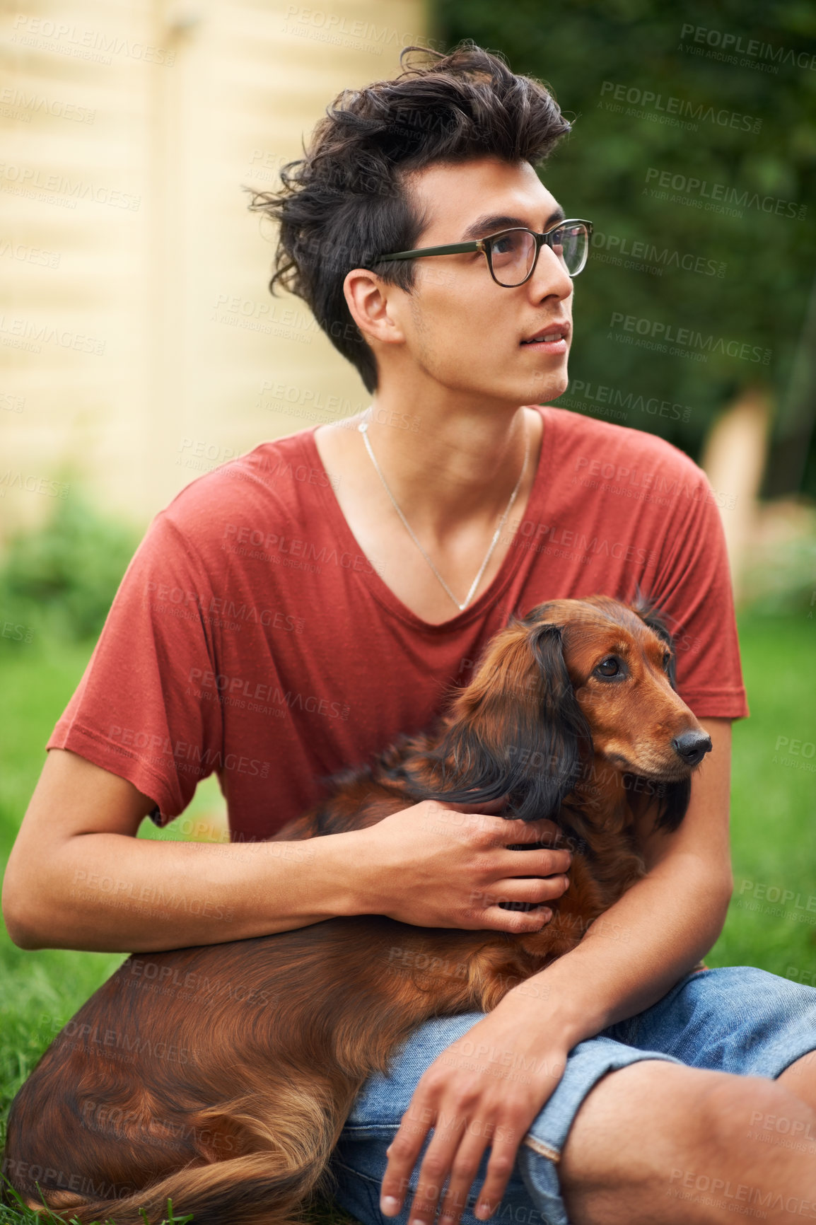 Buy stock photo Man, dog or embrace in garden of home for bonding, love and relationship for happiness or joy. Person, pet or holding animal in backyard, outdoor or nature for care, friendship or companion and smile