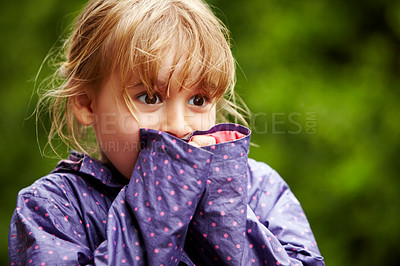 Buy stock photo Child, play and outdoor nature in raincoat for winter youth fun, explore or travel in cold weather. Young girl, happy or excited or relax holiday on vacation break as wet game or joy, surprise as kid