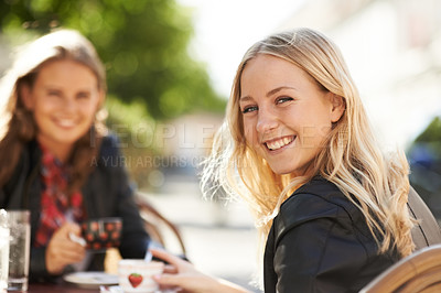 Buy stock photo Portrait, happy woman and friends at coffee shop, restaurant and outdoor table together. Face, smile of person and girls at cafe with tea cup, espresso and customer drink latte to relax in cafeteria