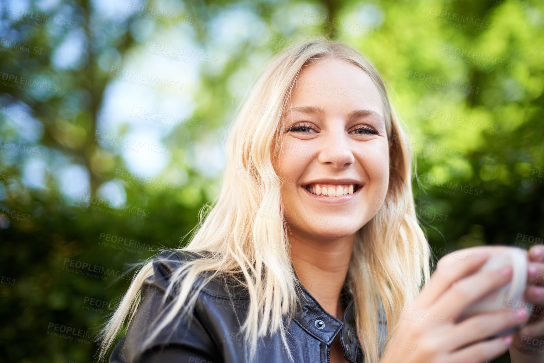 Buy stock photo Teenager, smile and portrait outdoor at coffee shop, cafe or restaurant with espresso, latte or beverage. Happy, girl and relax with green tea, drink or calm brunch in summer, morning or garden 