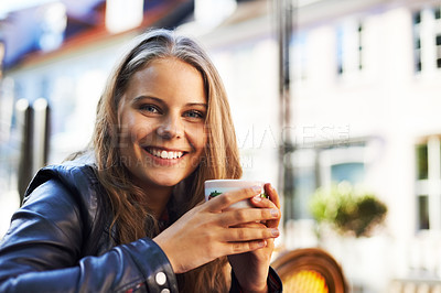 Buy stock photo Happy woman, portrait and coffee shop with espresso, drink or latte outdoor in city. Cafe, restaurant and relax with green tea, cup and brunch in summer with freedom, peace or calm morning in Paris