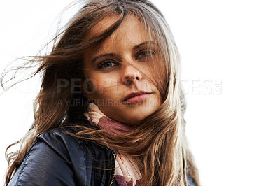 Buy stock photo Portrait, wind in hair and woman outdoor on mockup space, holiday and travel on vacation. Face, beauty and young person in breeze or girl in nature, confident and serious for freedom in Switzerland