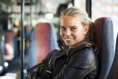 Buy stock photo A teenage girl sitting in a bus