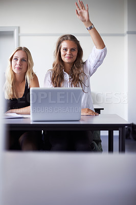Buy stock photo Happy, college student and learning from question in class, education or academy. Students, raised hand and portrait of woman with questions for knowledge or information in school and university