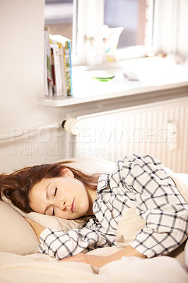 Buy stock photo Woman, sleeping and bed in home for relaxing, dream or nap for tiredness with peace in morning. Girl, resting or fatigue for exhausted on pillow for wellness, health or care of wellbeing on mattress