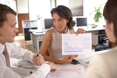 Buy stock photo Business people meeting, data paperwork and woman show sales feedback graph, financial trade statistics or economy analytics. Teamwork, group discussion and staff cooperation on company finance chart