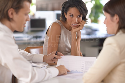 Buy stock photo Business people mistake, meeting documents and woman listening to accounting plan, financial trade report or stats feedback. Teamwork, professional group consulting on investment chart review