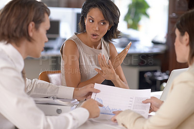 Buy stock photo Meeting documents, business people disagreement and woman with no feedback, warning or reject budget finance plan. Group teamwork, financial analyst and manager discussion on wrong investment mistake
