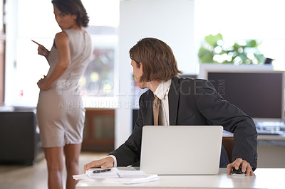 Buy stock photo Stop, no and sexual harassment with a business person looking at the behind of a woman coworker in the office. Ethics, behaviour or sign with an employee peeping at the bottom of a colleague