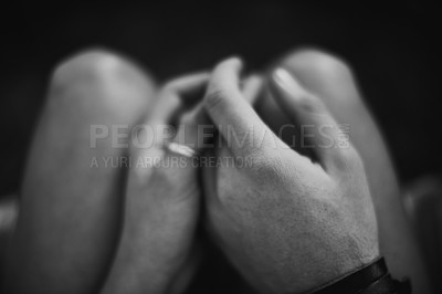 Buy stock photo Top view black and white image of two lovers holding hands