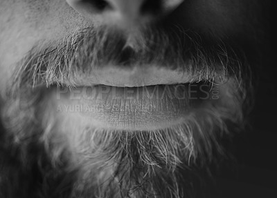 Buy stock photo Man, beard and lips closeup with a face in monochrome for creativity and art with facial hair. Black and white, serious male person and moustache with mouth and creative with grooming and treatment 