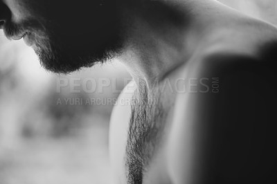 Buy stock photo Cropped closeup of a shirtless and bearded young man