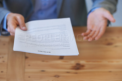 Buy stock photo Documents, hands and business with man, resume and conversation with job interview, recruitment and thank you. Person, closeup and employee with paperwork, hiring and welcome with human resources