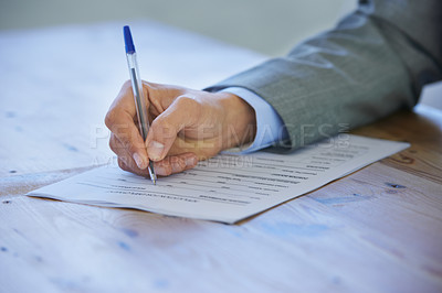 Buy stock photo Closeup, writing and business with man, paperwork and insurance with signature, contract and application.  Person, employee or worker with hands and checklist with compliance, resume or agreement