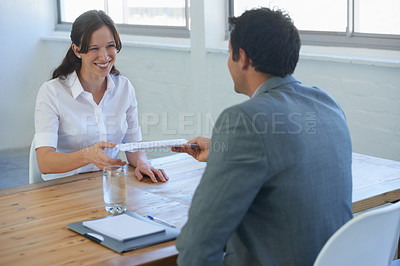 Buy stock photo Business woman, job interview and resume, CV or paperwork for human resources, recruitment or hiring process. Professional employer, manager or clients giving documents for career review in a meeting