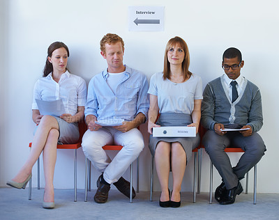 Buy stock photo Cv, recruitment and business people in line for job interview, hiring and waiting in a room. Human resources, meeting and candidates in a row in office for onboarding process at a startup company