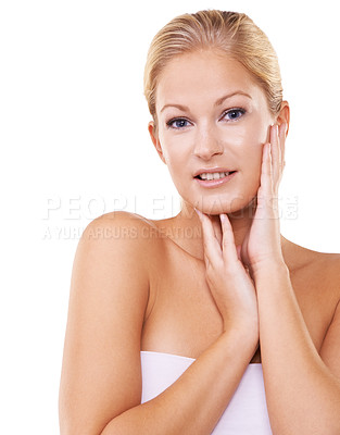 Buy stock photo Portrait, skincare and woman with beauty, confidence and dermatology isolated on white studio background. Face, person and model with self love, aesthetic and wellness with mockup space and cosmetics