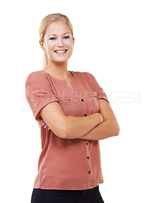 Buy stock photo Portrait, smile and businesswoman with arms crossed, white background and studio in Sweden. Happy female model, entrepreneur and professional worker with motivation, trust or leadership in management