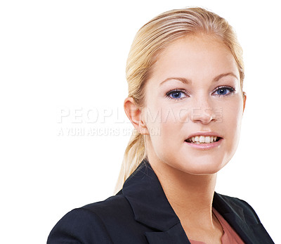 Buy stock photo Face portrait, leadership and business woman with goals or targets in studio on white background. Boss, ceo and confident, proud and young female entrepreneur with mission, vision and success mindset