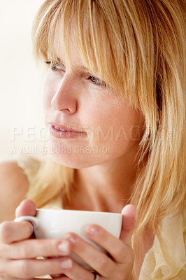 Buy stock photo Relax, thinking and woman with coffee, ideas and daydreaming with inspiration, decision and weekend break. Person, home and girl with a cup of tea, espresso and latte with cappuccino and solution