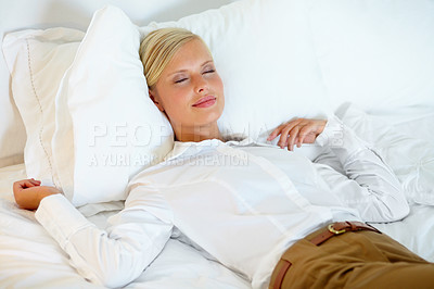 Buy stock photo Bedroom, home and woman with business, sleeping and relax with happiness, resting and peaceful. Person, bed and girl with joy, healthy and routine with wellness, calm and happy with professional