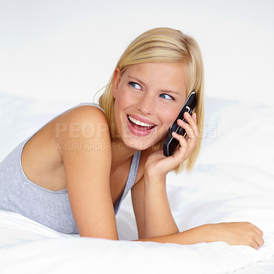 Buy stock photo Relax, happy and phone call with woman on bedroom for contact, communication and connection. Smile, digital and technology with female person in home for calm, listening and mobile conversation