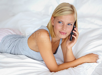 Buy stock photo Relax, contact and phone call with woman on bedroom for smile communication and connection. Happy, digital and technology with female person in home for calm, listening and mobile conversation