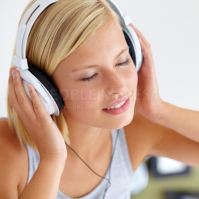 Buy stock photo Home, headphones and woman with music, peace and streaming sound with radio, listen and calm. Zen person, technology or girl with headset, podcast audio and playlist with connection, song and bed
