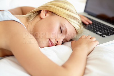 Buy stock photo Sleeping, computer and woman on bed tired from remote working, research and browse internet in bedroom. Burnout, stress and person with fatigue, exhausted and asleep with laptop for working from home