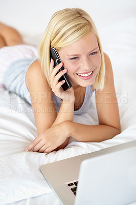 Buy stock photo Relax, laptop and phone call with woman on bedroom for contact, communication and connection. Happy, digital and technology with female person in home for calm, listening and mobile conversation