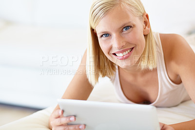 Buy stock photo Relax, tablet and portrait of woman on bed for social media, online shopping and internet in bedroom. Relax, home and person on digital tech for reading website, news blog and research in morning