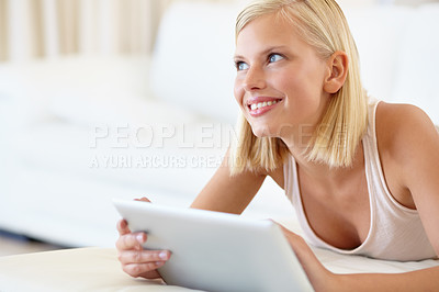 Buy stock photo Thinking, home or woman with tablet, ideas and planning with happiness, solution and problem solving with digital app. Person, apartment or girl with tech, decision or smile with a choice or question