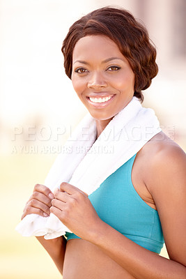 Buy stock photo Fitness towel, black woman and happy portrait with smile from exercise and sport. Workout, African person and female face feeling healthy and beautiful from sports training and wellness empowerment