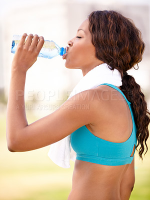 Buy stock photo Drinking water, black woman and fitness outdoor with drink after exercise and workout. Female person, profile and African athlete with bottle in nature for healthy sport training and body wellness