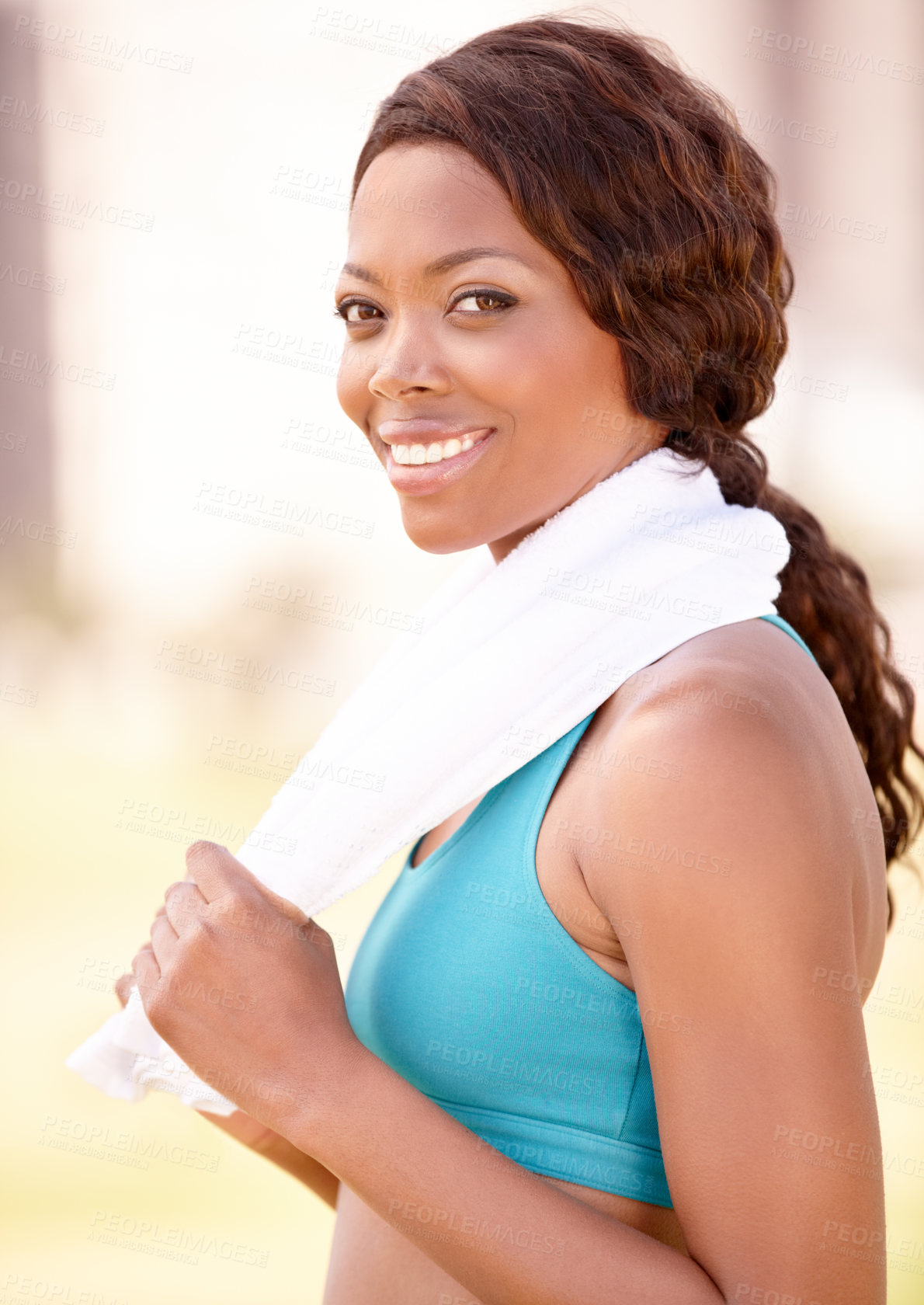 Buy stock photo Fitness towel, black woman and portrait with happiness from exercise and sport. Workout, African person and female face feeling healthy and happy from sports training and wellness empowerment