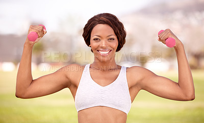 Buy stock photo Weightlifting, fitness and portrait of black woman in park for exercise, body builder training and workout. Sports, muscle and happy female athlete flex for wellness, healthy lifestyle and strength