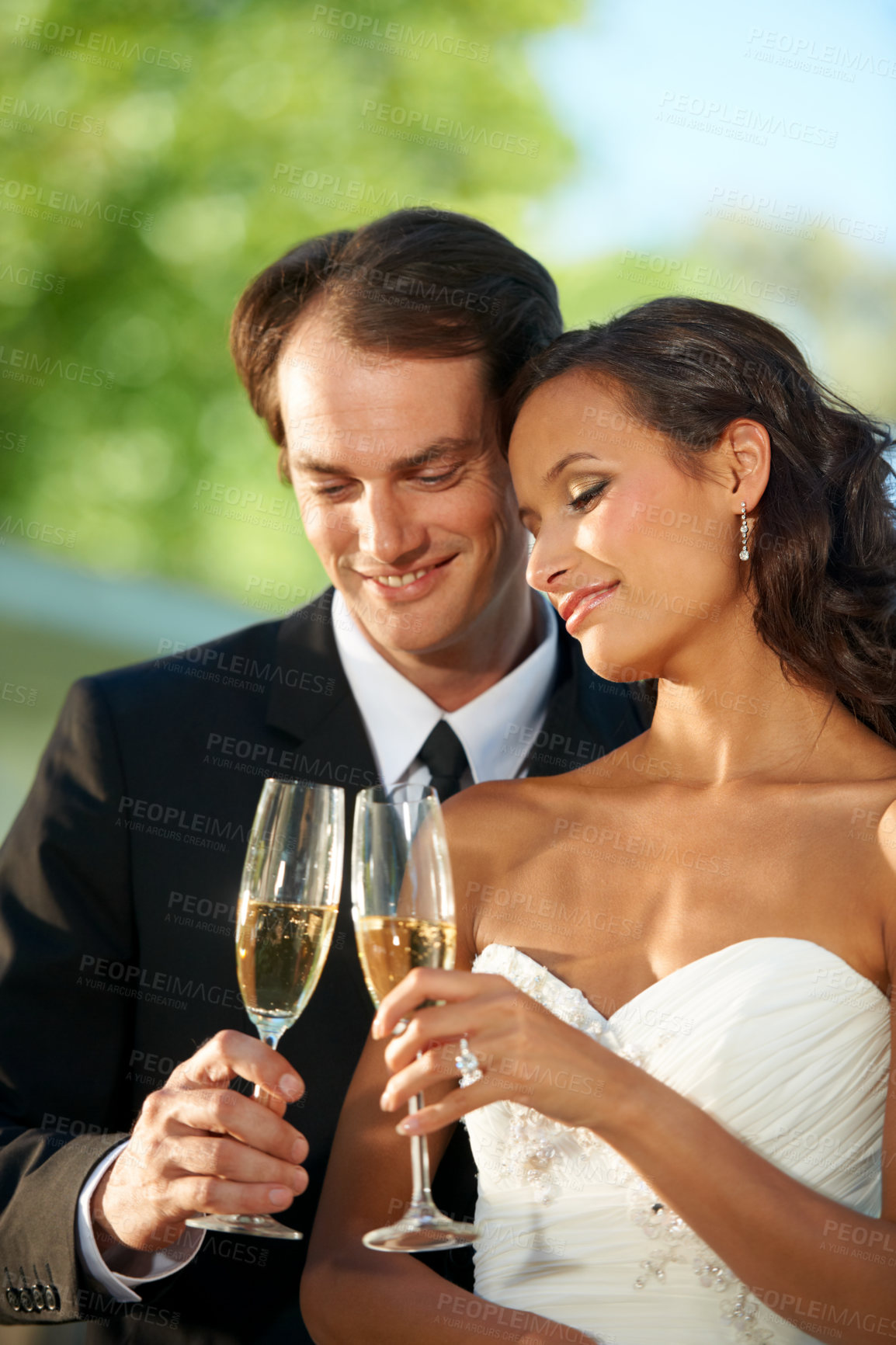 Buy stock photo Cropped view of a young bride and groom standing together and toasting their marriage