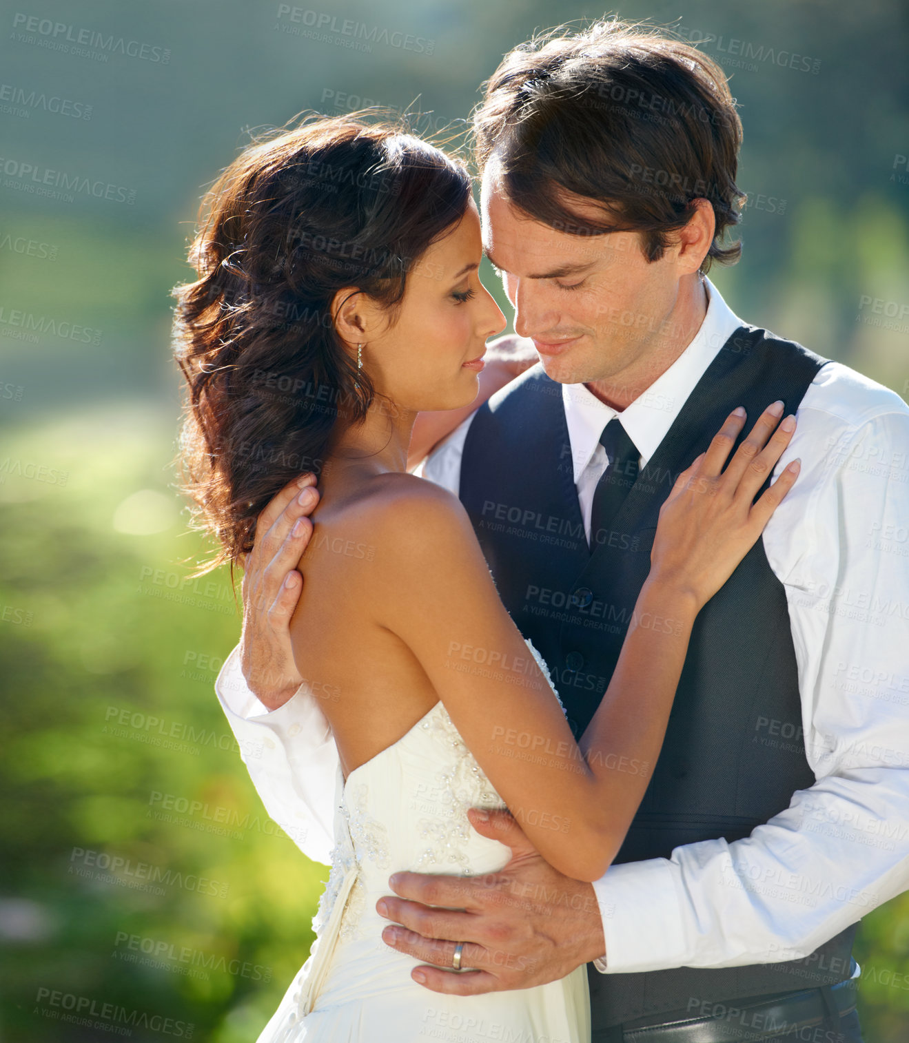 Buy stock photo Outdoor, marriage and bride with groom, hug and support with relationship, romance and celebration. Romantic, outside and man with woman, embrace and happiness with love, bonding together and wedding