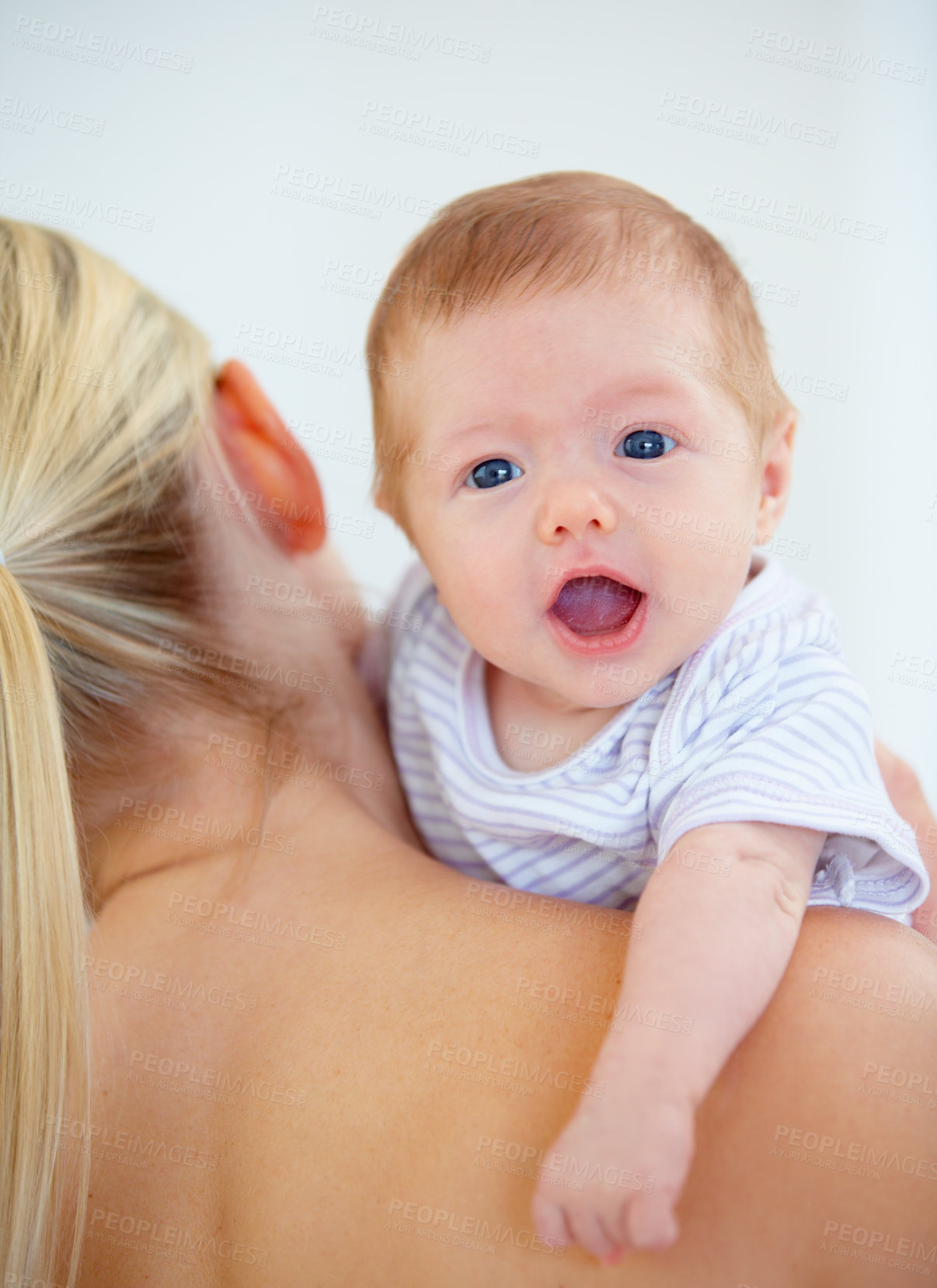 Buy stock photo Family, shoulder and portrait of baby with mother in home for bonding, relationship and love. Happy, bedroom and closeup of parent carrying newborn for child development, growth and care in nursery