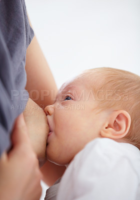 Buy stock photo Closeup, baby and drinking for breastfeeding in home for health in child development, growth or future. Woman, motherhood and bond with nutrition, food and wellness of infant with care, love or trust